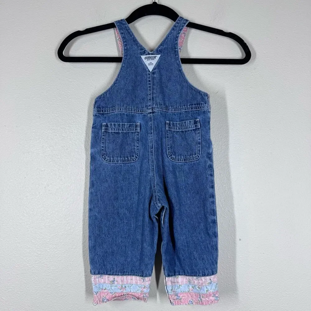 Oshkosh Vintage Baby Girl Rose Floral Denim Bib Overalls Patchwork Quilt 18 Mo